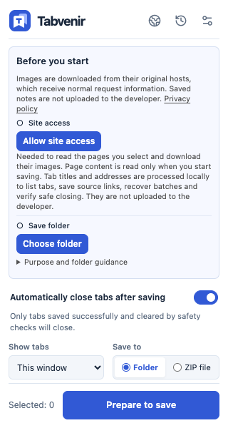 Tabvenir 0.0.1 side panel: site permission, save folder and optional safe closing. No pages are selected in this screenshot.